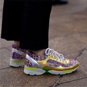 CHANEL Gold and Silver Tweed Sneakers